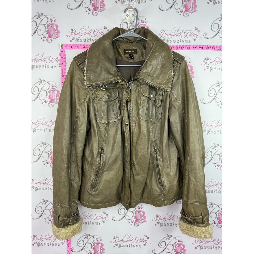 Danier leather coat Olive Leather Jacket with Shearling-Trim Cuffs
